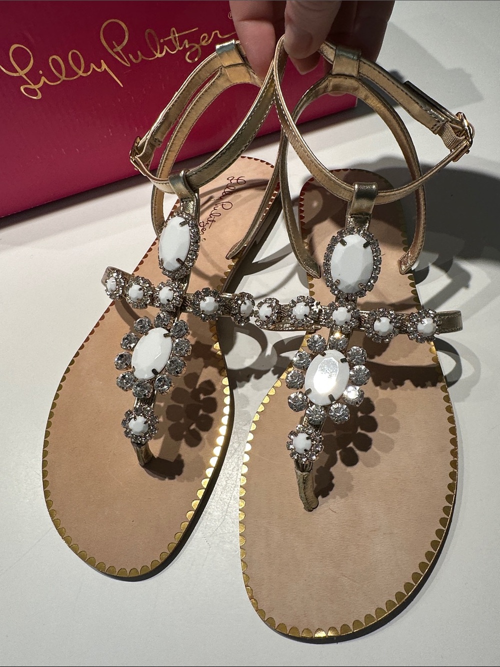 NEW Lilly Pulitzer Gold Katie Sandals with White Gem and Rhinestone Accents - Picture 9 of 9